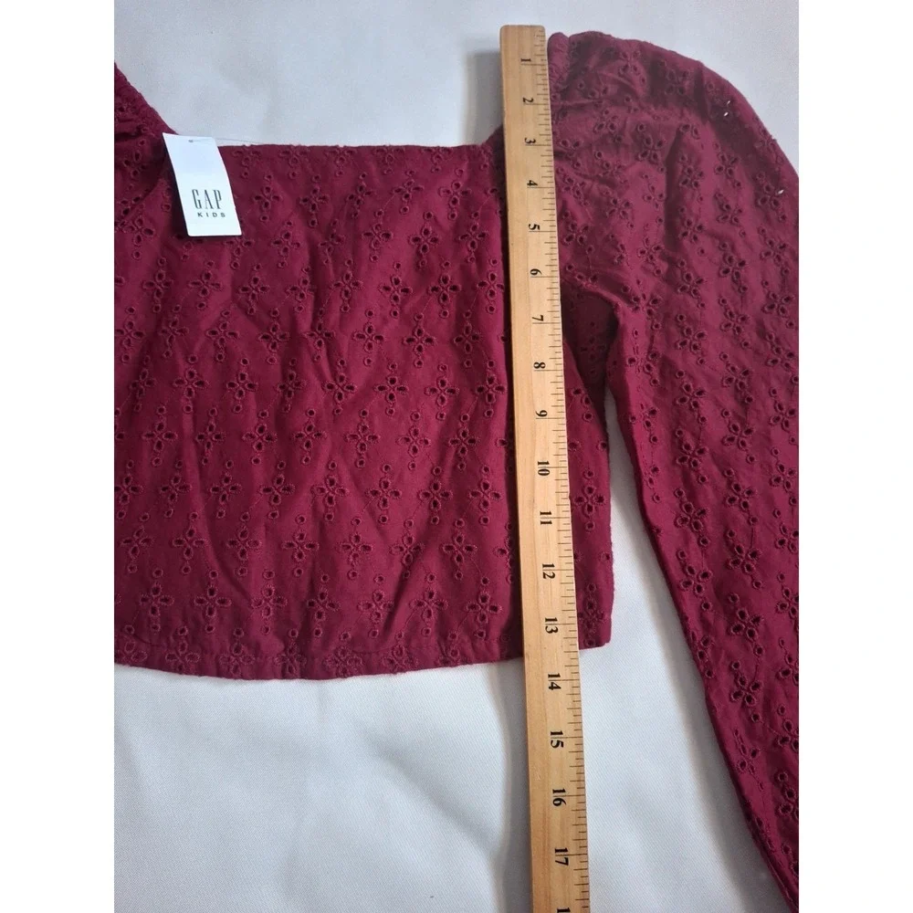 Gap Kids Beet Burgundy Cropped Shirt With Puff Sleeves Girls Medium